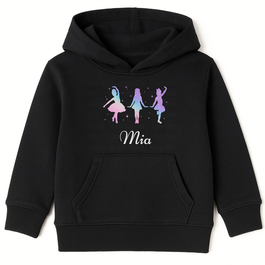 Girls black pullover hoodie featuring three colourful dancer silhouettes representing tap, jazz, and ballet styles with a personalised name printed below design