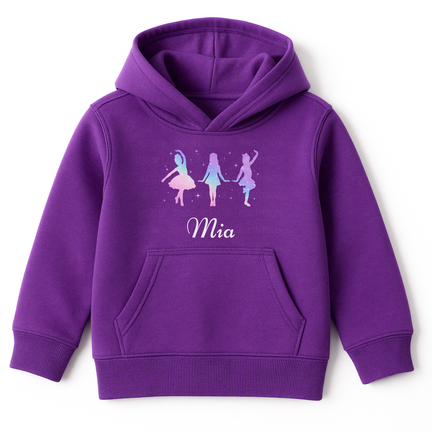 Purple girls hoodie featuring three colourful dancer silhouettes representing tap, jazz, and ballet styles with a personalised name printed below design