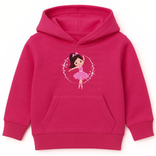 Hot pink girls pulloverhoodie featuring a cute cartoon ballerina in a pink tutu and bow, dancing inside a circle of stars.