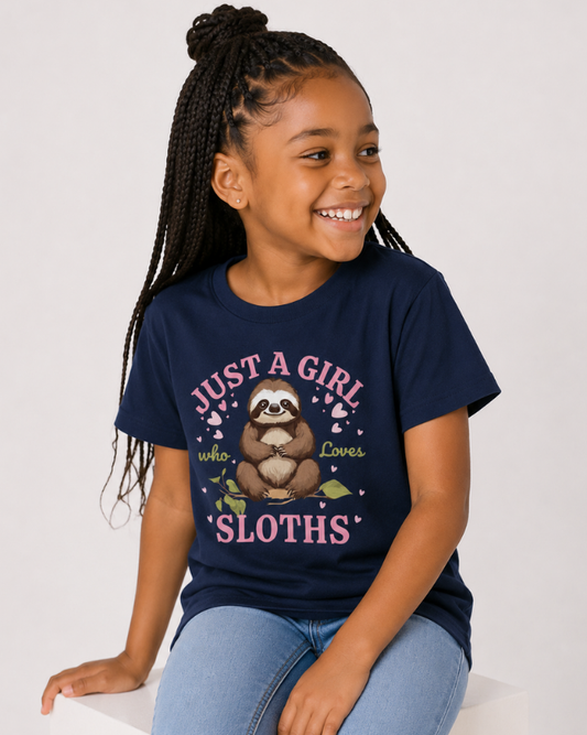 Girl smiling at navy “Just a Girl Who Loves Sloths” kids t-shirt featuring cute sloth graphic design