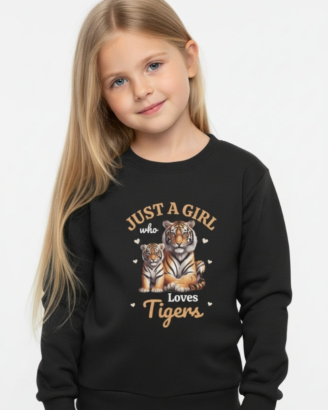 Girls black sweatshirt with tiger graphic “Just a Girl Who Loves Tigers”, kids animal lover jumper, cute tiger design for girls
