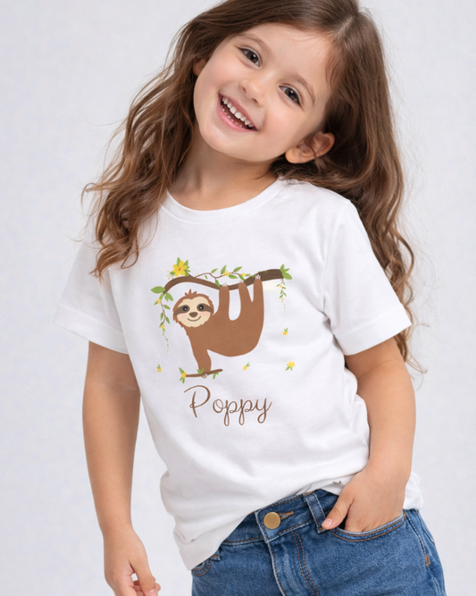 Close up of child modelling white personalised sloth t-shirt with name Poppy, smiling with head tilted, styled with blue denim jeans on soft grey backdrop.