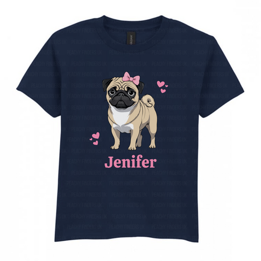 Kids navy t-shirt with a cartoon pug and pink hearts graphic and name 'Jennifer'
