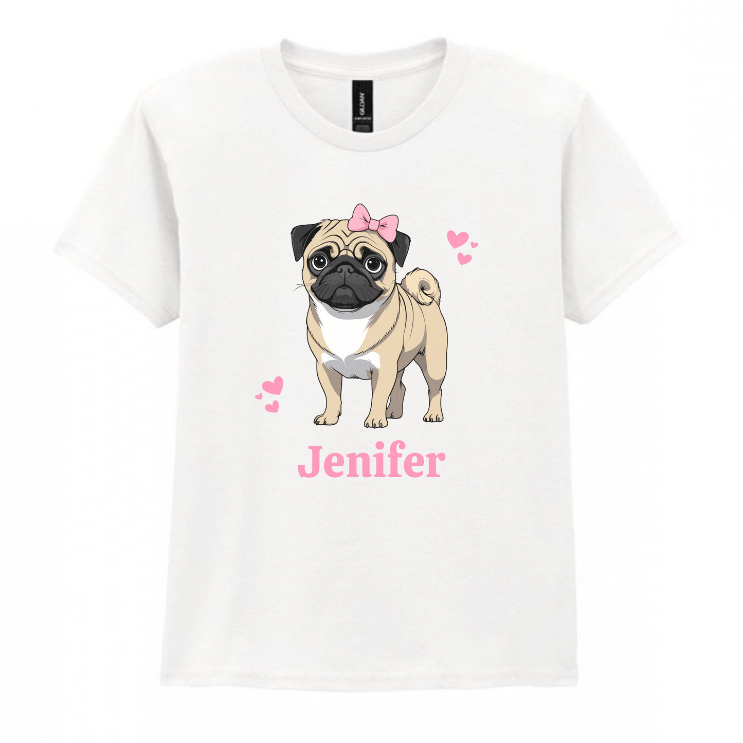 Kids white t-shirt with a cartoon pug and pink hearts graphic and name 'Jennifer'