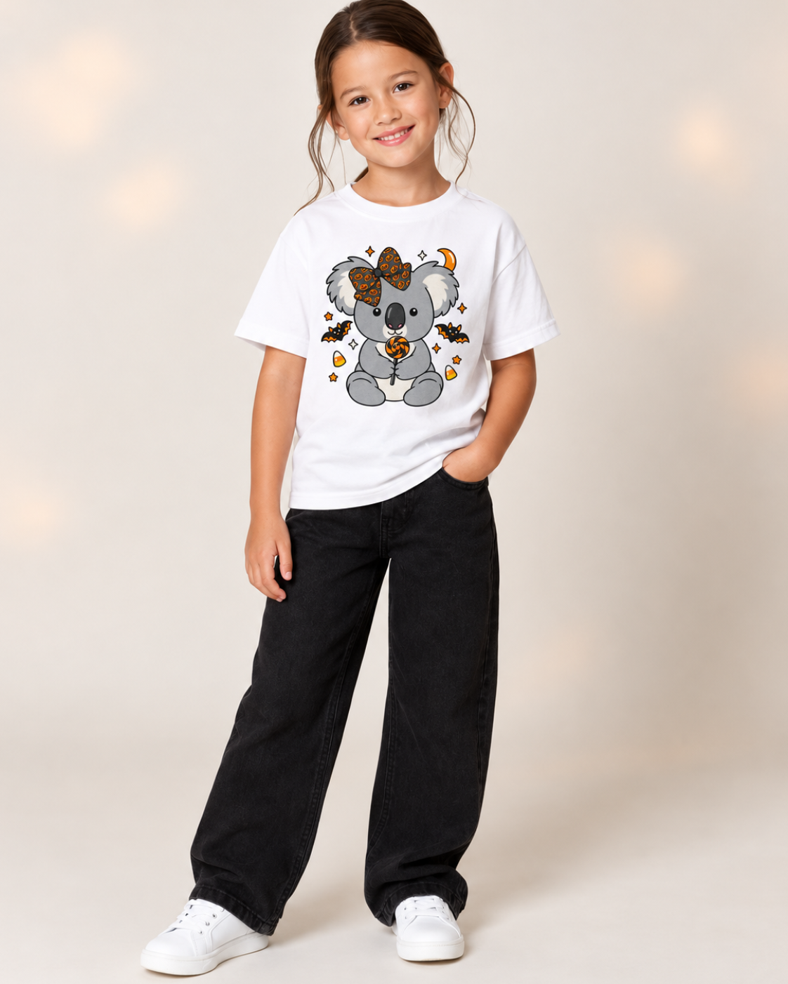 Girl wearing a white Halloween koala T-shirt with black jeans in a bright studio