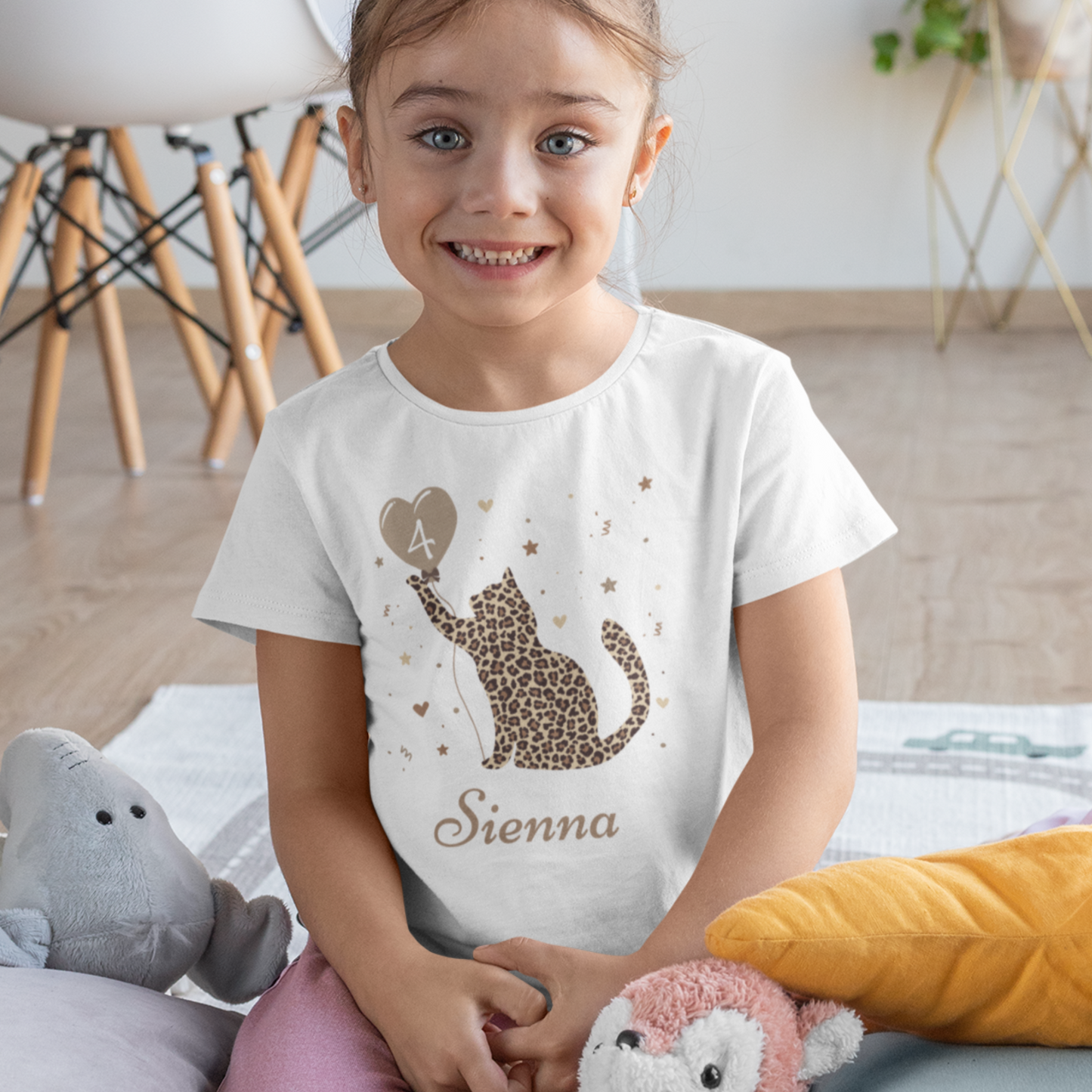 Girls Personalised Leopard Print Cat Birthday T-shirt | 3 - 13 years