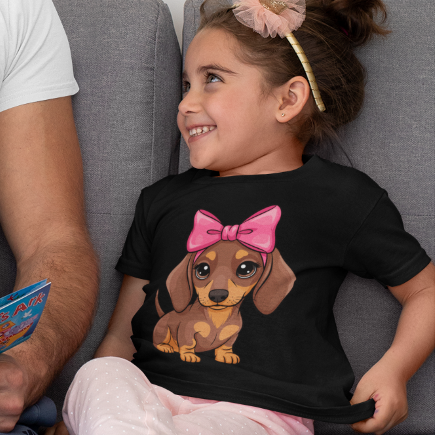 Girls Dachshund Puppy T-Shirt with Pink Bow - Coquette Style (3-13 Years)