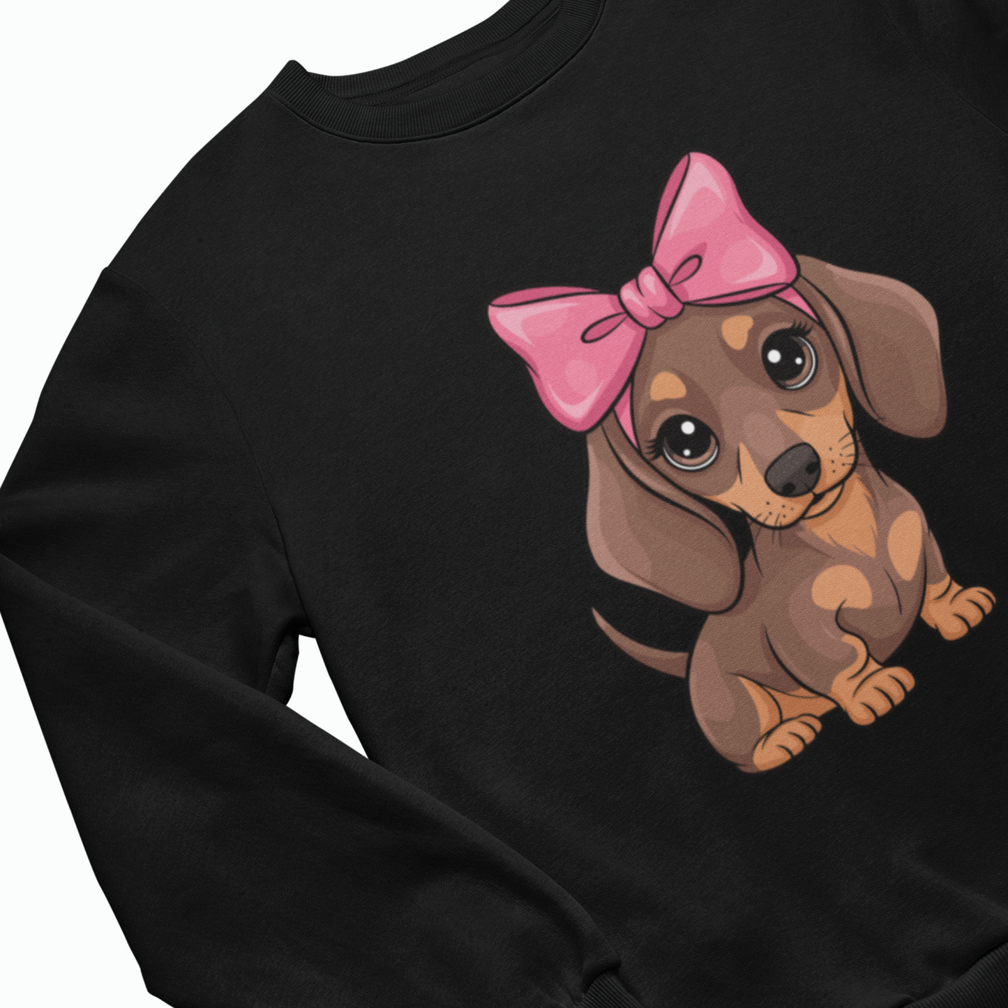 Kids black sweatshirt with a cartoon dachshund wearing a pink bow on a white background