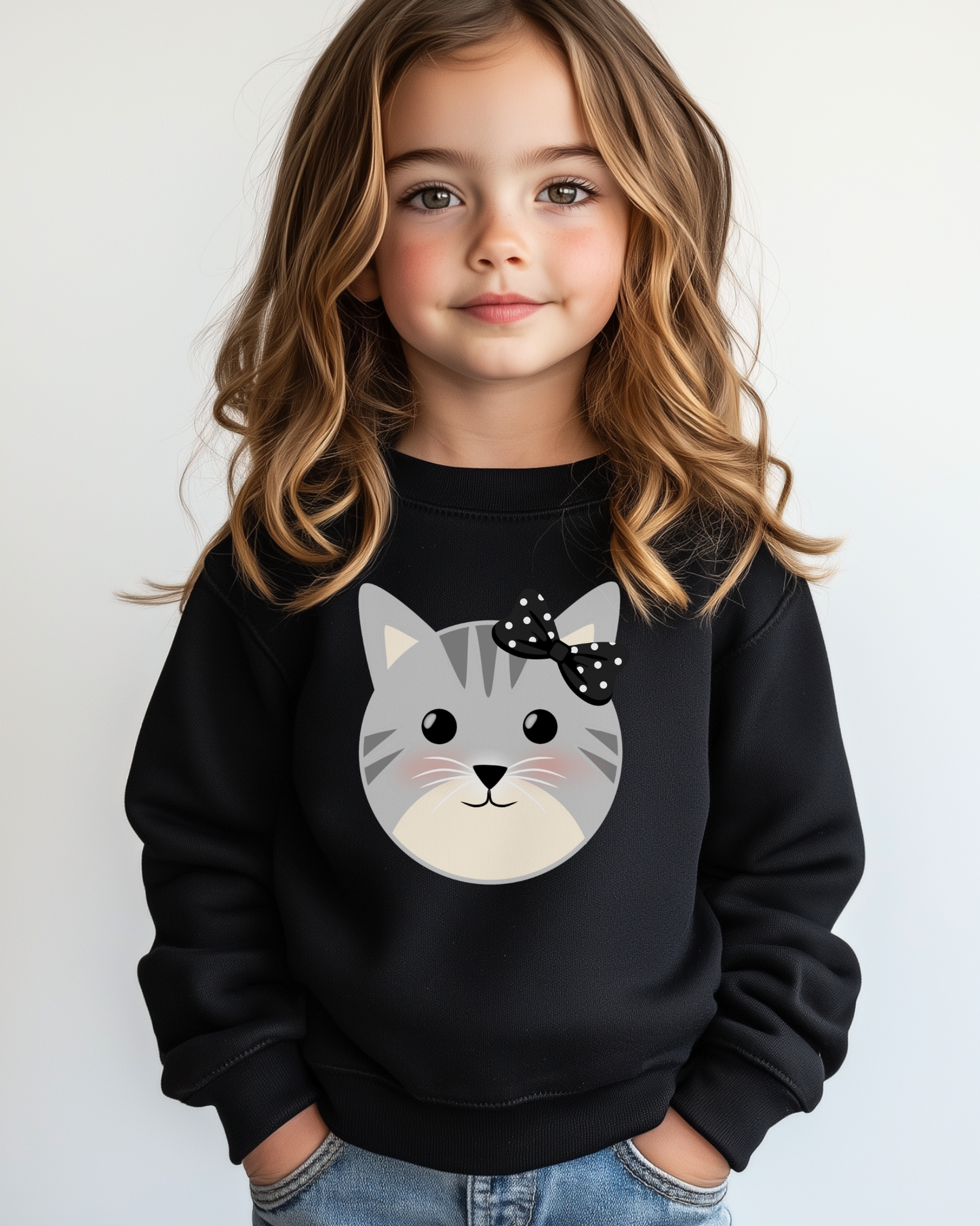 Little girl modelling a black sweatshirt featuring a cute grey kitten face with black polka-dot bow and blushing cheeks