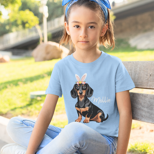 Girls Personalised Easter Dachshund T-Shirt – Bunny Ears Sausage Dog Tee (3-13 Yrs)