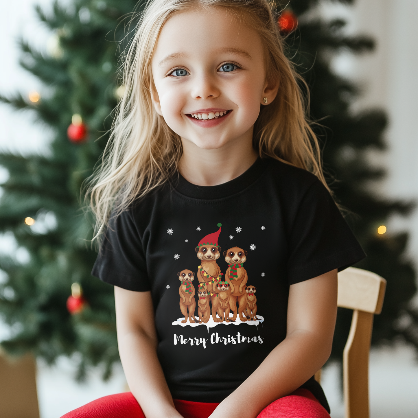 Smiling girl wearing a black kids t-shirt featuring a festive meerkat family and the text “Merry Christmas” in front of a Christmas tree.