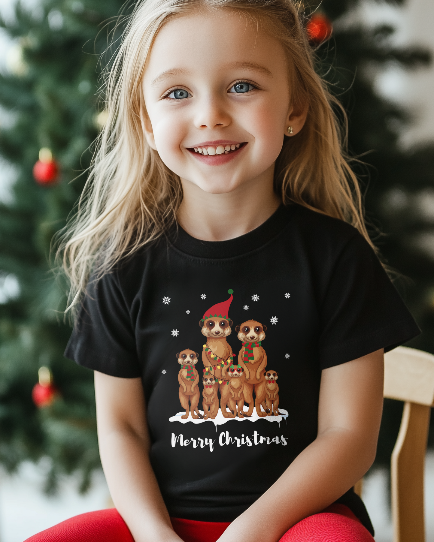 Smiling girl wearing a black kids t-shirt featuring a festive meerkat family and the text “Merry Christmas” in front of a Christmas tree.