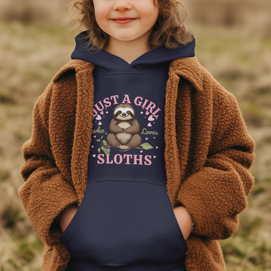 Young girl wears navy hoodie with a cute sloth illustration and text that reads 'Just a Girl Who Loves Sloths'.