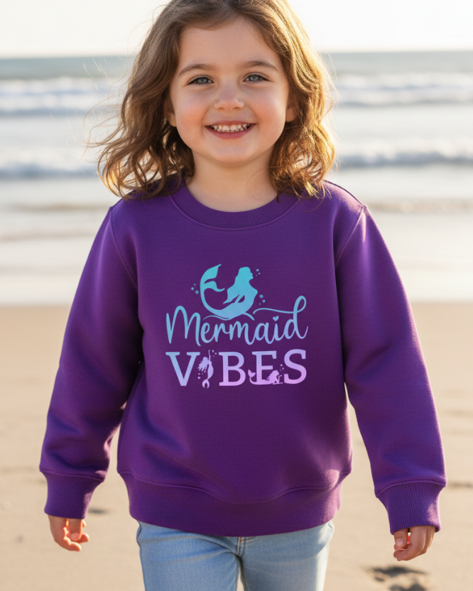 Young girl wearing a purple sweatshirt with 'Mermaid Vibes' on a beach - girls mermaid jumper.
