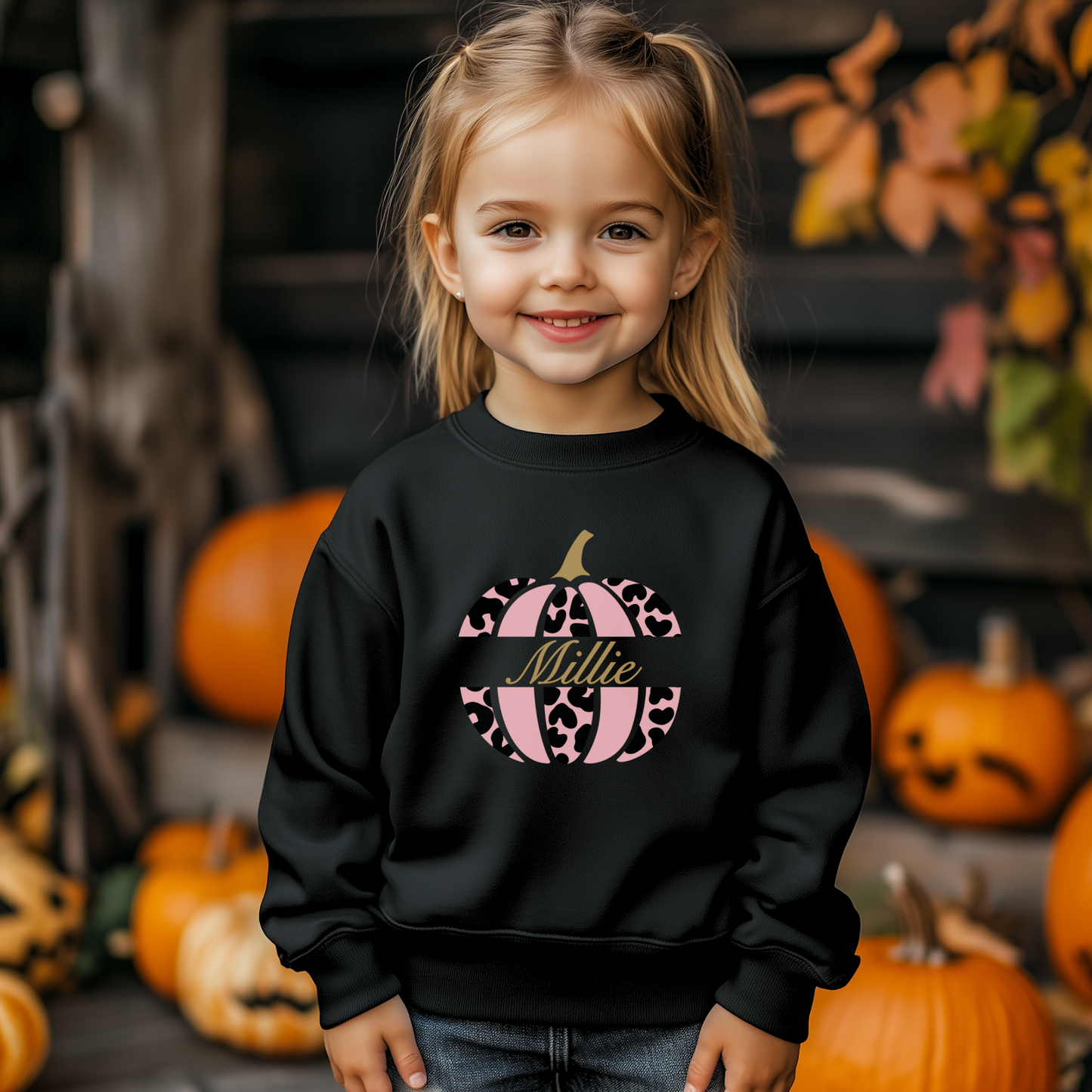 Girls Personalised Leopard Print Pumpkin Sweatshirt | 3 - 13 yrs