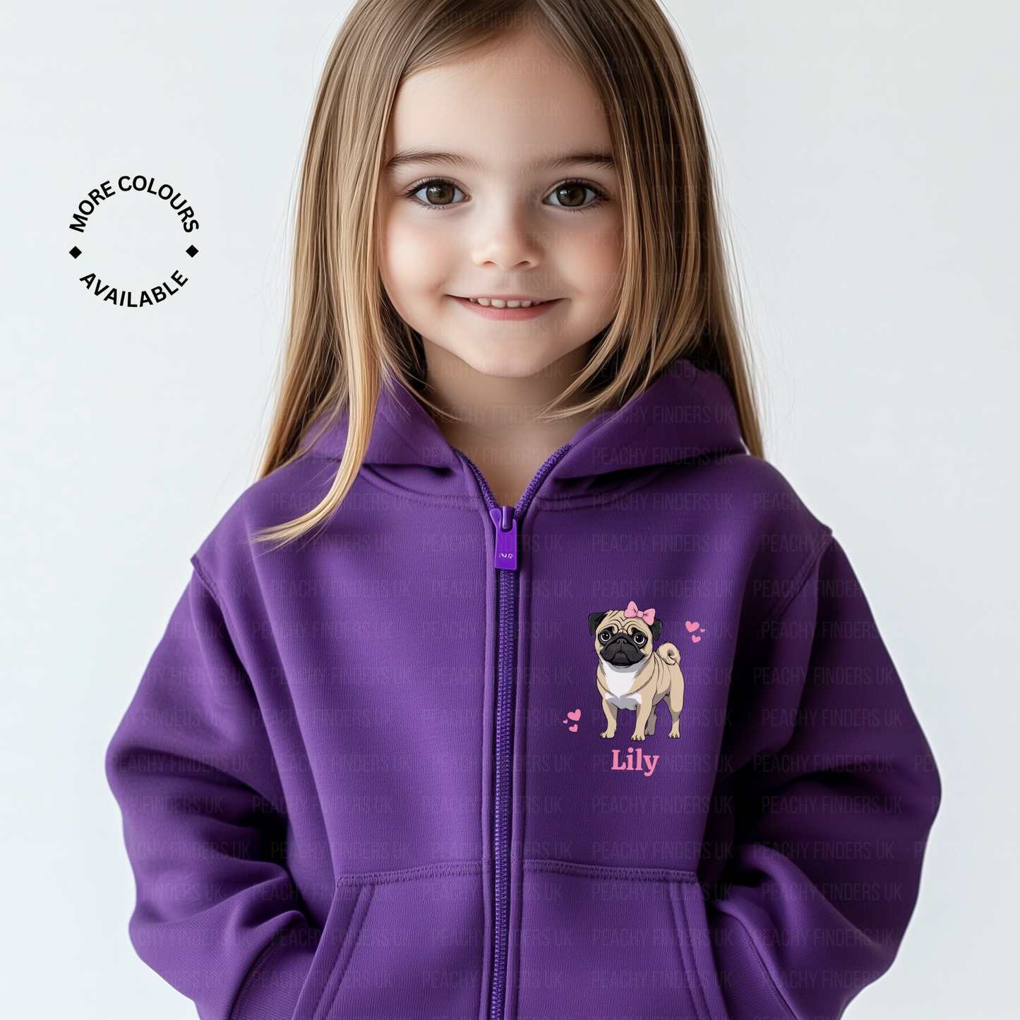 Girl wearing purple kids zip hoodie with custom name and cartoon pug with pink bow and hearts