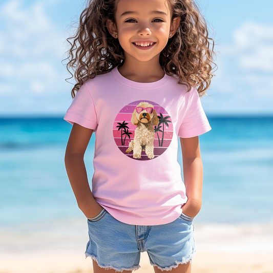 Kids Summer Cockapoo T-Shirt – Retro Sunset Dog Tee (3-13 yrs)