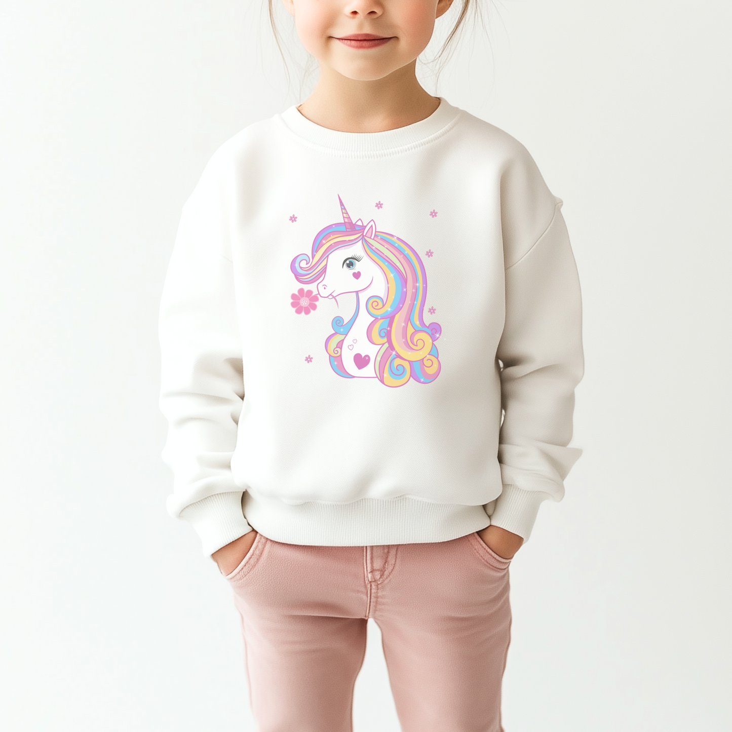 Little girl wearing a white sweatshirt featuring a pastel rainbow unicorn with long colourful mane and a pink flower by its mouth, surrounded by small flower accents.