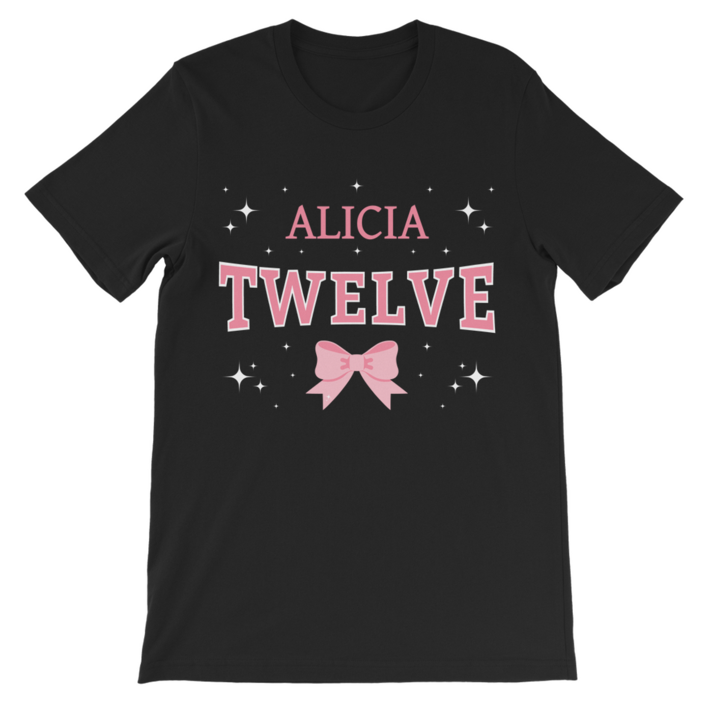 Custom girls 12th birthday t-shirt with name, pink bow and stars on black cotton tee