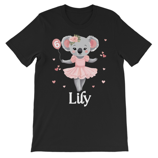 Kids black t-shirt featuring a cute ballerina koala holding a balloon with a number 6, personalised with a name underneath