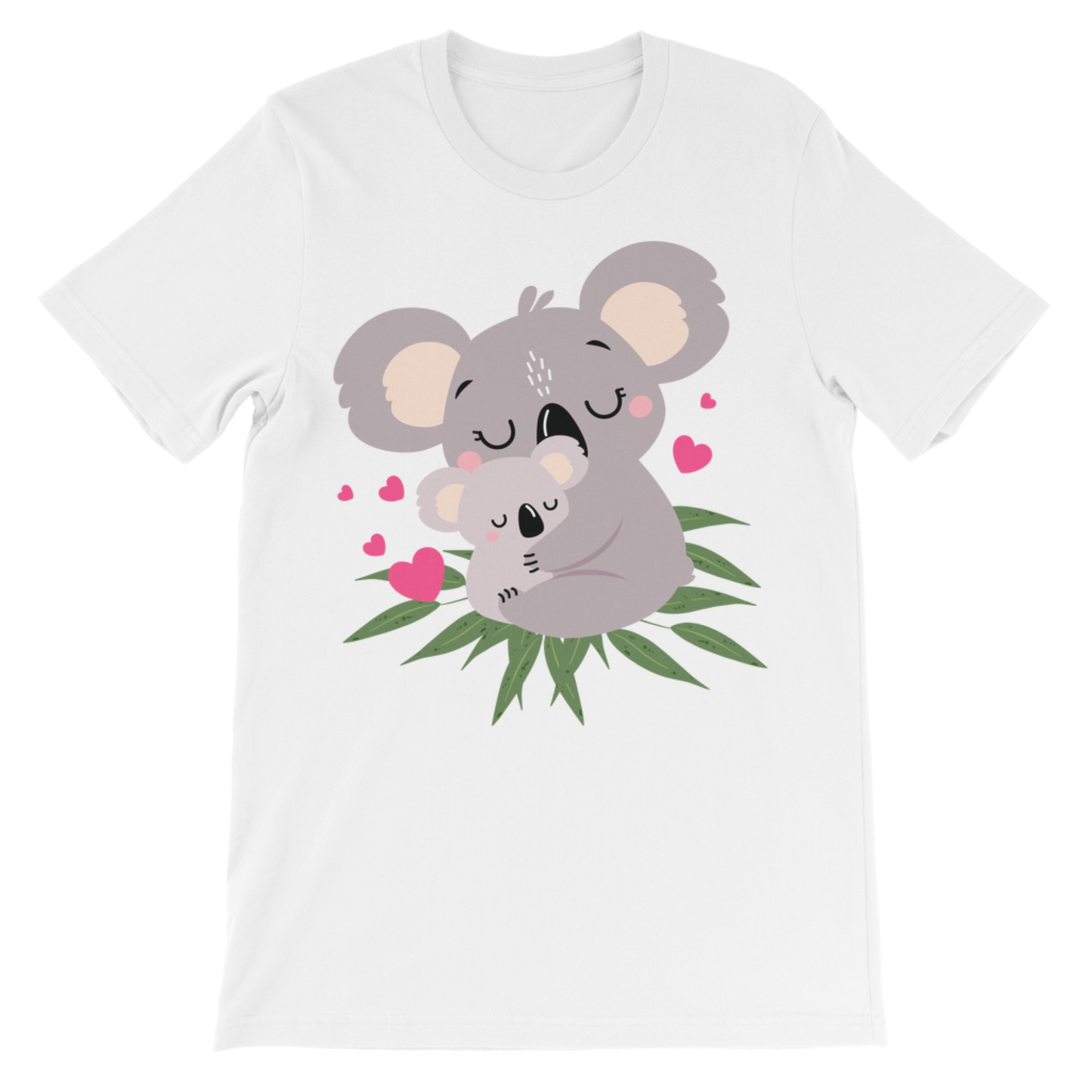Girls white cotton tee featuring a cute baby and mum koala embracing with scattered pink hearts and green eucalyptus leaves