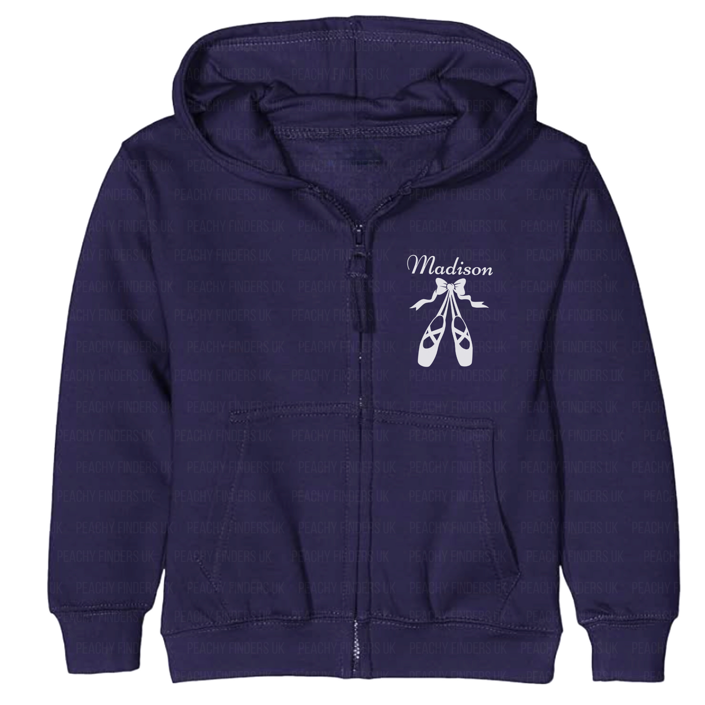 Kids navy full zip hoodie with ballet shoes graphic and custom name.