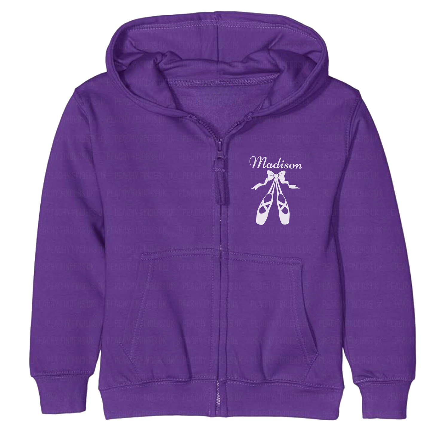 Kids purple full zip hoodie with ballet shoes graphic and custom name.