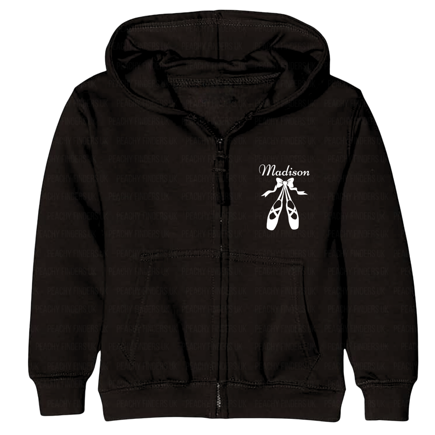 Kids black full zip hoodie with ballet shoes graphic and custom name.