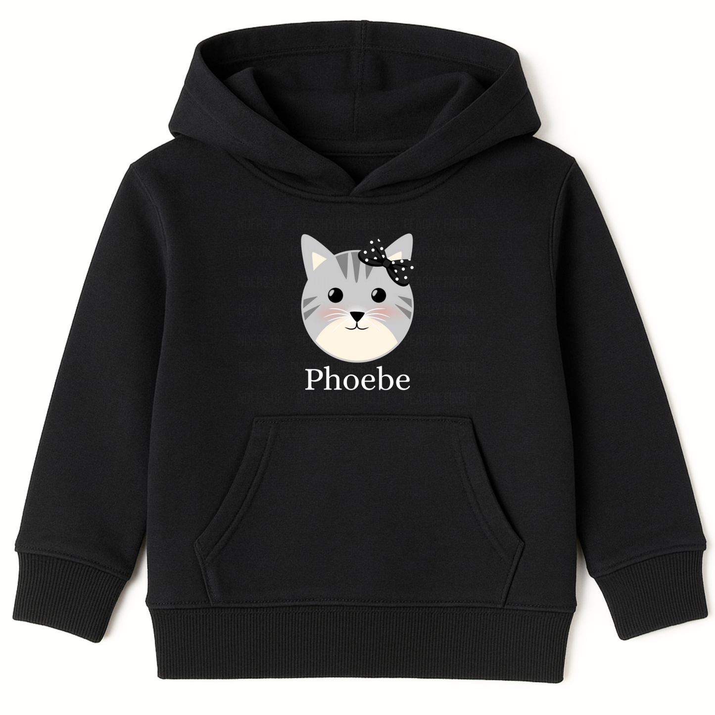 Girls cat graphic with custom name; black hoodie featuring a grey kitten face with pink cheeks and a black polka-dot bow to the cats ear.