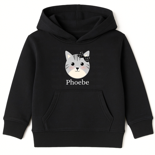 Girls cat graphic with custom name; black hoodie featuring a grey kitten face with pink cheeks and a black polka-dot bow to the cats ear.