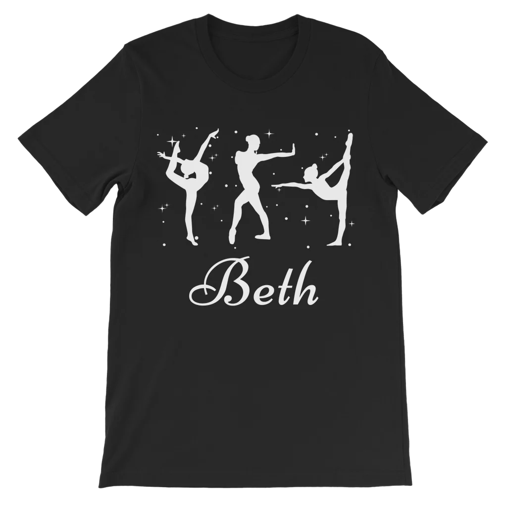 Kids personalised gymnastics T-shirt in black with white gymnast silhouettes, stars, and customisable name text.