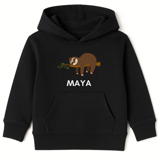 Girls custom name sloth hoodie in black with sleeping sloth design and girls name