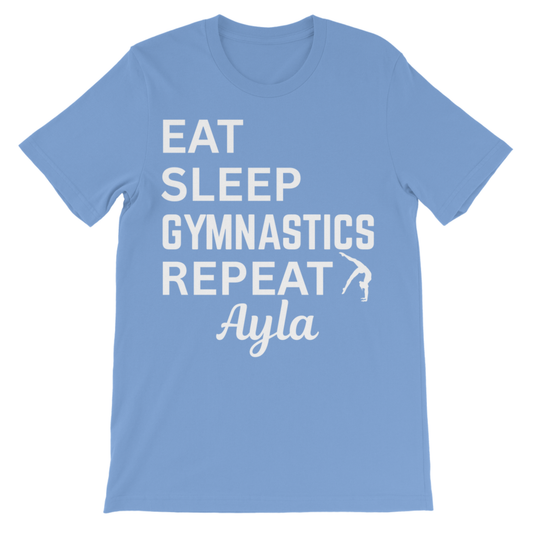 Personalised kids gymnastics t-shirt in light blue featuring “Eat Sleep Gymnastics Repeat” design with custom name Ayla