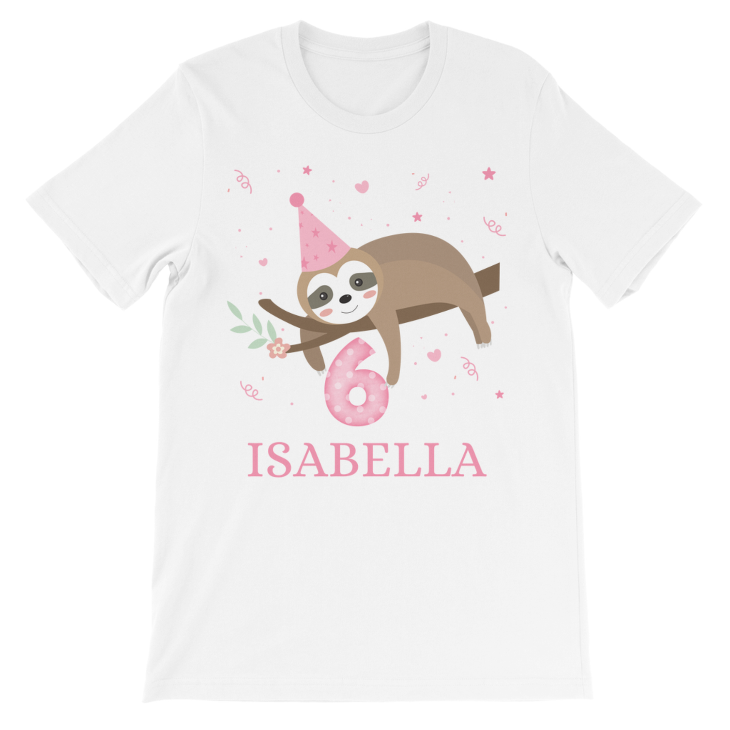 Kids white t-shirt with a sloth wearing a party hat and the number 6, with 'ISABELLA' printed below on a white background.