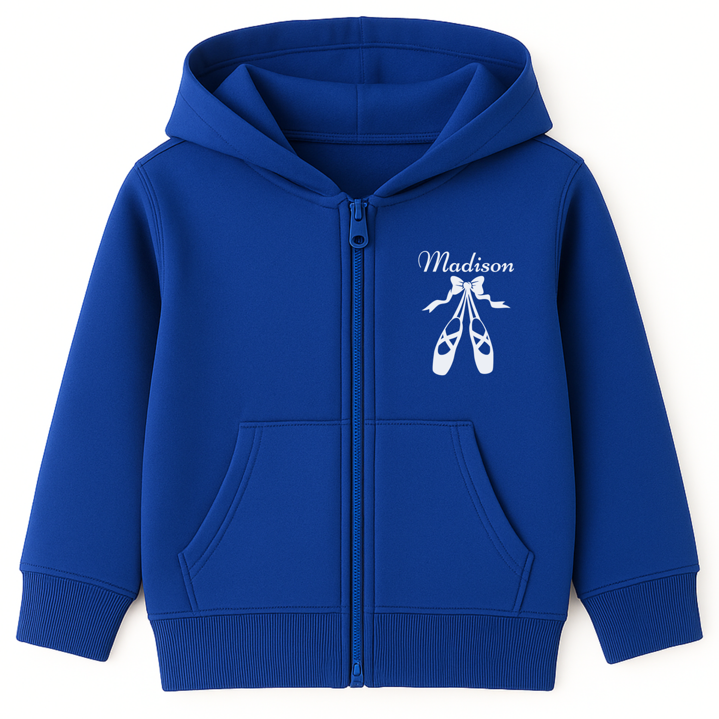 Girls royal blue zip hoodie featuring a graphic print of white ballet shoes and ribbon design with a custom name printed on the left side of the chest