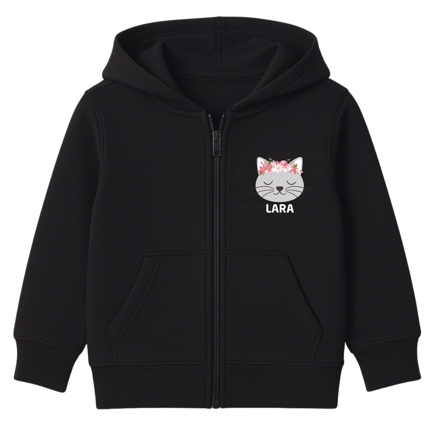 Girls black personalised floral cat zip hoodie with custom name printed below a peaceful grey cat face wearing a pink and white flower crown
