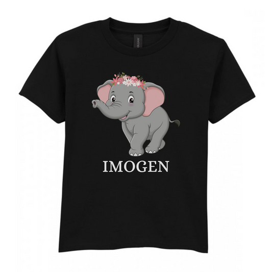 Girls Elephant T-Shirt – Personalised Floral Crown Tee (Ages 3-13)