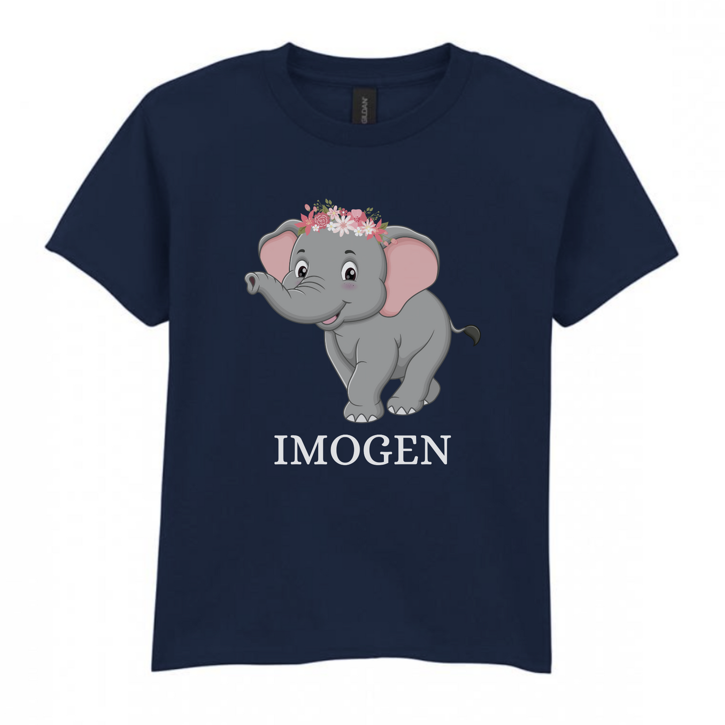 Girls Elephant T-Shirt – Personalised Floral Crown Tee (Ages 3-13)