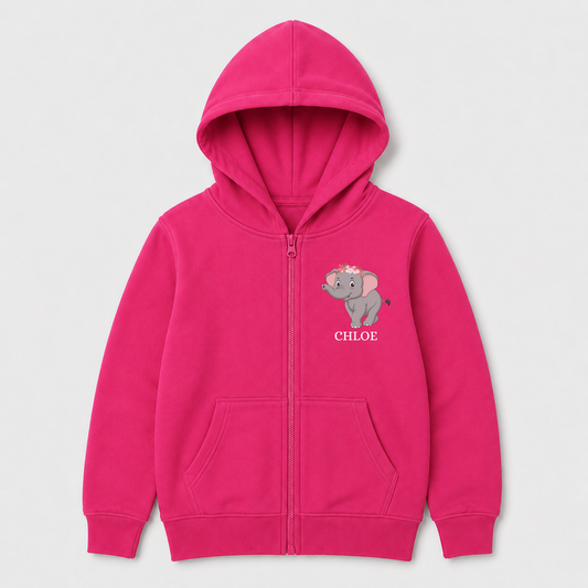 Girls Personalised Elephant Zip Hoodie – Floral Elephant with Name