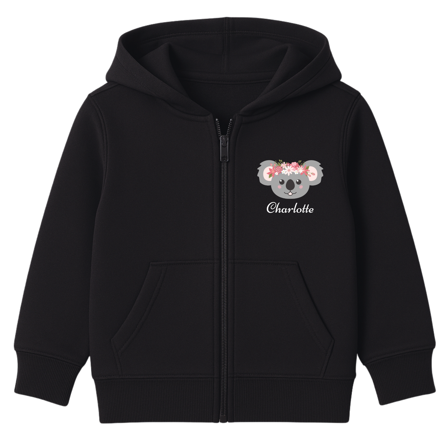 Girls black zip hoodie featuring a cute grey koala face with a pink floral crown and the name “Ellie” printed on the front left side.