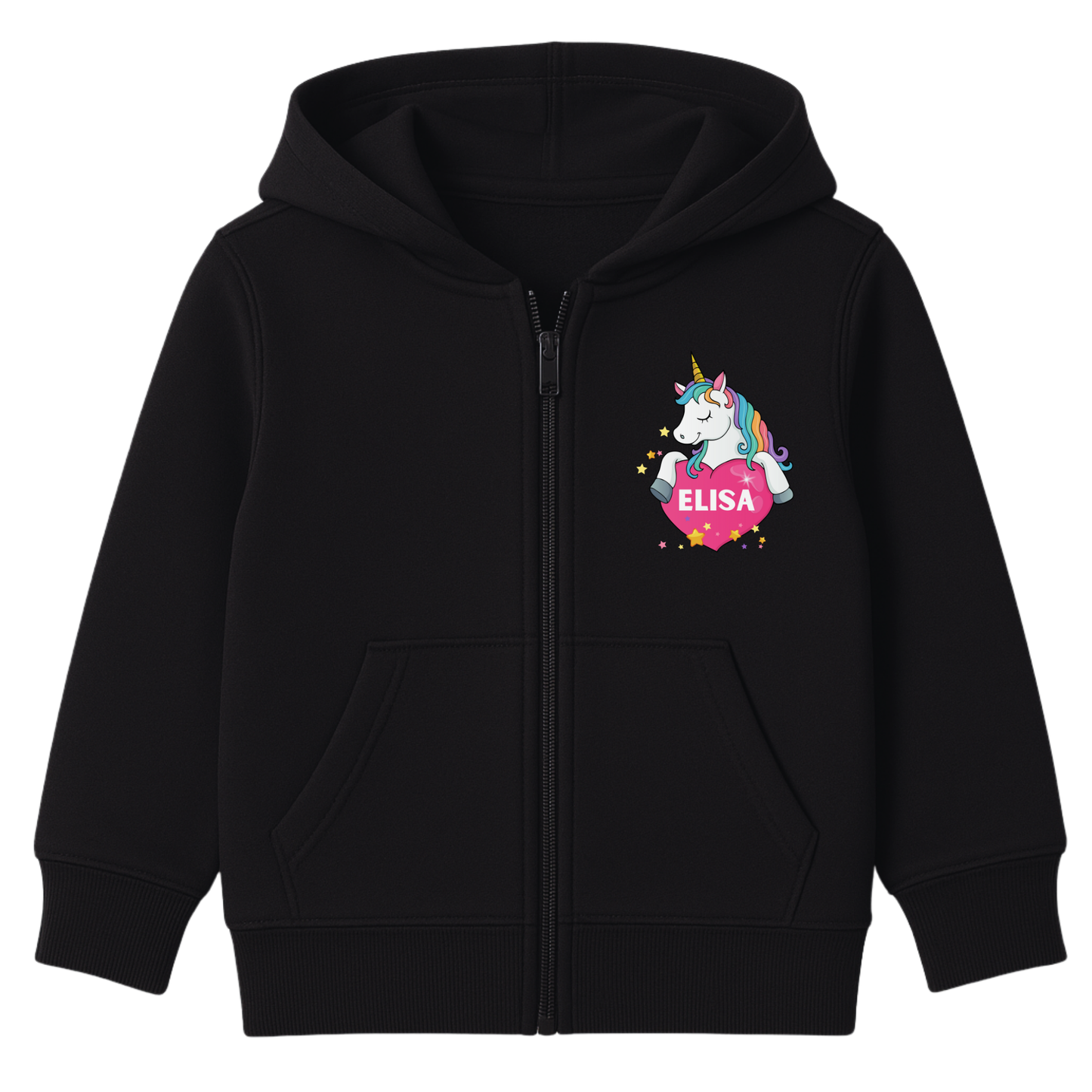 Girls black personalised unicorn zip hoodie featuring a unicorn holding a pink heart with a custom name inside, surrounded by yellow stars.