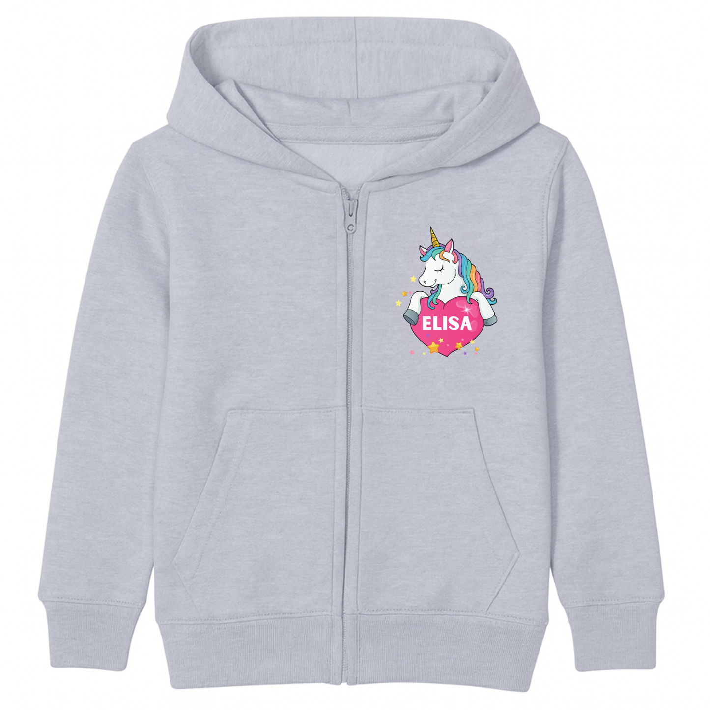 Girls heather grey personalised unicorn zip hoodie featuring a unicorn holding a pink heart with a custom name inside, surrounded by yellow stars.
