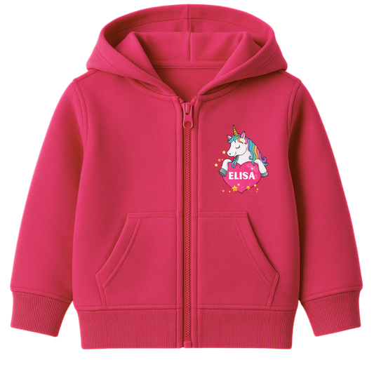 Girls hot pink personalised unicorn zip hoodie featuring a unicorn holding a pink heart with a custom name inside, surrounded by yellow stars.