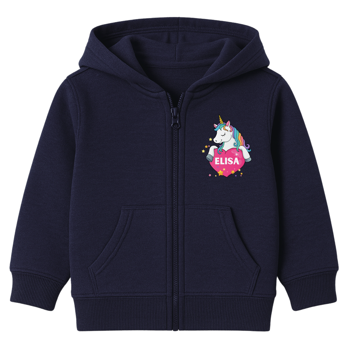 Girls navy personalised unicorn zip hoodie featuring a unicorn holding a pink heart with a custom name inside, surrounded by yellow stars.