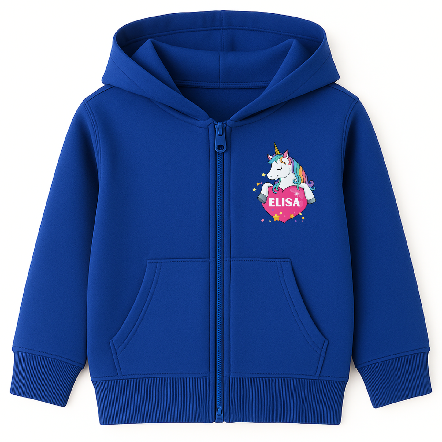 Girls royal blue personalised unicorn zip hoodie featuring a unicorn holding a pink heart with a custom name inside, surrounded by yellow stars.
