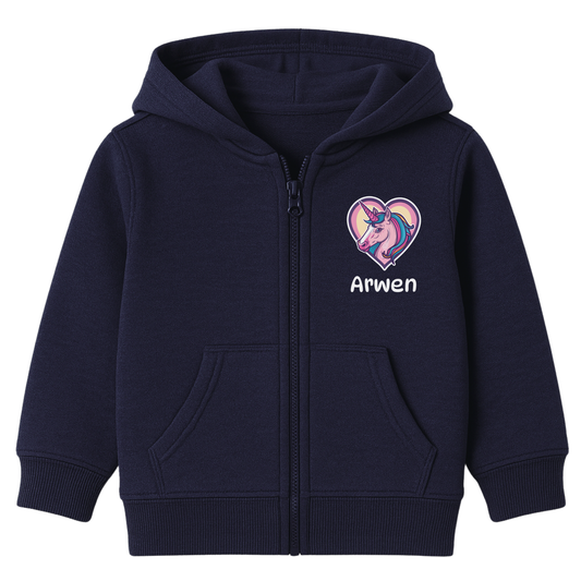 Girls navy zip-up hoodie with a unicorn inside a pastel heart with as custom name printed on the front.
