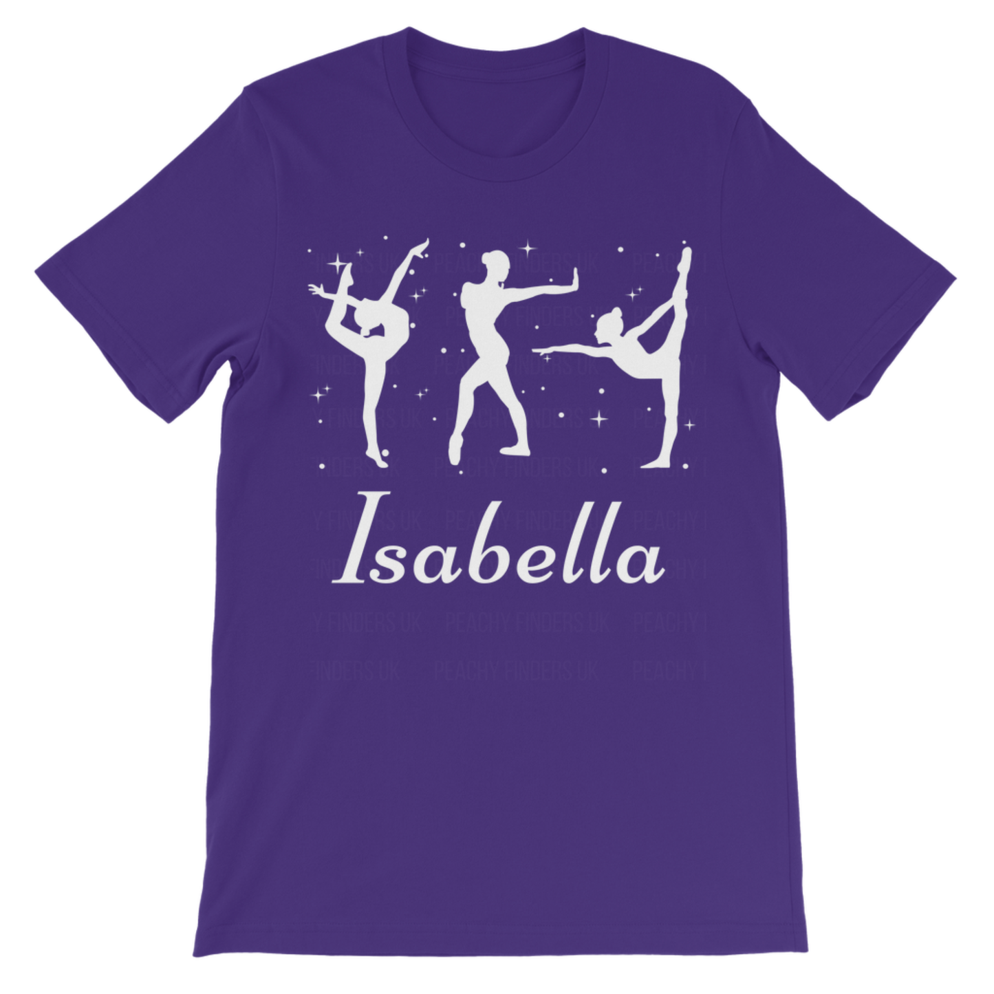 Personalised kids gymnastics t-shirt in purple with three gymnast silhouettes and custom name Isabella