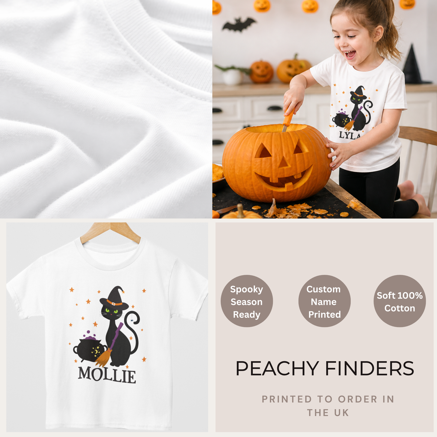 Personalised girls Halloween cat t-shirt with custom name, soft cotton kids tee, pumpkin carving scene and product detail collage, printed to order in the UK