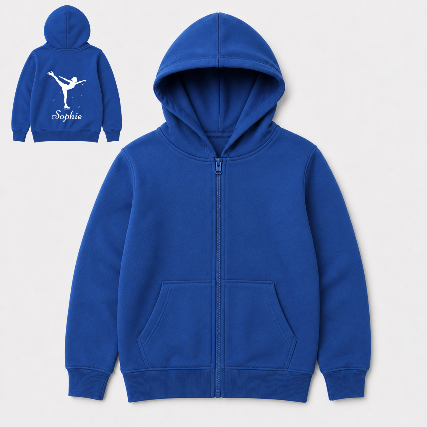 Royal blue girls personalised ice skating zip hoodie with matching zip and a white figure skater design with custom name printed across the back.