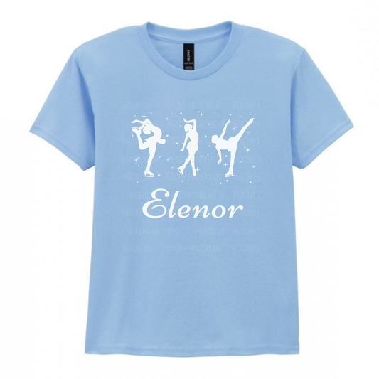 Girls light blue personalised ice skater t-shirt featuring three white figure skating silhouettes with stars and the name “Elenor” printed underneath.